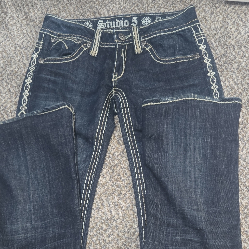 Studio 5 Dark Blue Embroidered Boot Cut Jeans